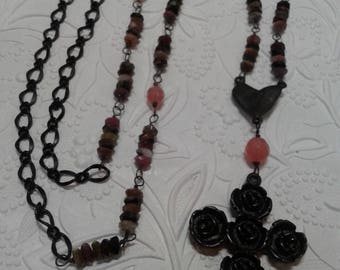Tourmaline, pink and black cross necklace