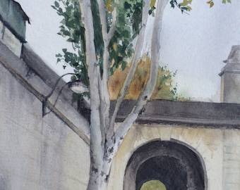 Tunnel Vision and Tree in Paris, France-Original Watercolor painting