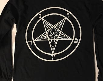 PENTAGRAM BLACK Long sleeve T shirt with WHITE print- witchcraft Satanism occult Great shirt for Imbolc or Candlemas!
