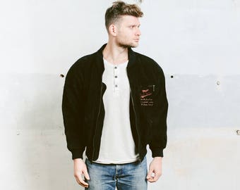 Vintage Suede BOMBER Jacket . Mens Black Jacket 90s Grunge Coat Zip Up Flight Aviator Outerwear Oversized Jacket . size Medium