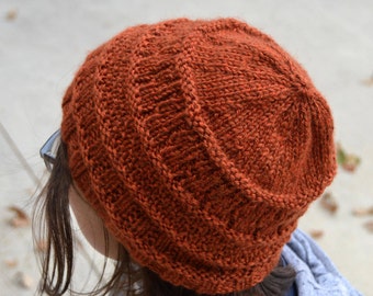 Gracie: YOSEMITE dark pumpkin rust orange Knit Slouch Beanie Ribbed Brim Hat, Hand Knit stylish women teens (2779 2786)