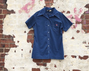 Vintage Navy Blue Camp Shirt The Bum Shirt By Lady Manhattan (Size Medium)