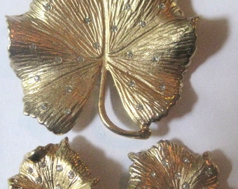Vintage Claudette Demi Parure Brooch and Earrings Gold Tone Rhinestones