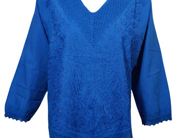 Womens Peasant Blouse Top Blue Lace Work Embroidered Cotton Comfy Summer Tops L