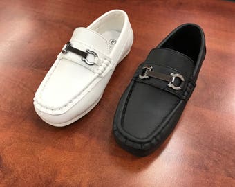 Toddler to Youth Boys Classic Black White Vegan Faux Leather Loafer Shoes, Wedding Ring Bearer, Confirmation, Christianing, Baptism