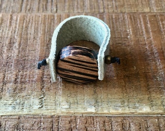 Leather Ring - Grey and Brown - Cool Leather Jewelry - Round Wood Bead