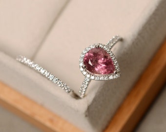 Pink tourmaline ring, pear cut, engagement ring, silver