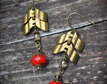 Brass Chevron Chain Earrings red Czech glass assemblage earrings
