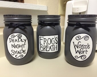 Nightmare Before Christmas Sallys Potions Deadly Night Shade Frogs Breath Worms Wort Home Decor Glass Regular Mason Jars Hand Painted
