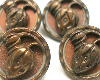 1900s Antique French BUTTONS, 4 Victorian strawberries in copper, 9/16". Mint, Unused. Plant life.