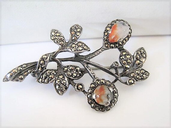 Sterling Marcasite Brooch, Glass Fire Opals, Signed Floral Pin
