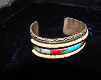 NA 1-S Native American Turquoise, Coral, and Mother of Pearl Bracelet