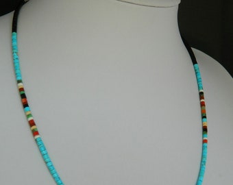 Native American Santo Domingo Kingman Turquoise Apple Coral Jet Heishi Sterling Necklace Dorene Calabaza 17 3/8-21 3/8"