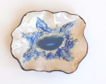 Ceramic Agate Trinket Tray Small Blue Clay Art Dish Pottery Home Accent Rustic Contemporary Art Tray