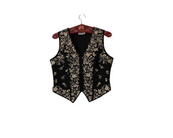 Women's Black Beige Cotton Vest Embroidered Waistcoat M/L Size