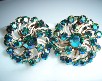 Vintage Ann Vien Blue AB Aurora Borealis Crystal Rhinestone Earrings