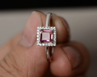 Natural Tourmaline Ring Square Gemstone Ring Engagement Ring Sterling Silver October Birthstone Ring Pink Gemstone Tourmaline