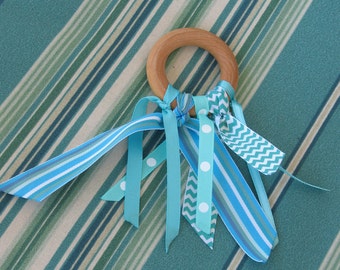 Teething Ring-Ribbons in Aqua-Natural Maple Hardwood rings-Great Baby Gift