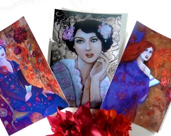 Art postcadrds with woman portrait romantic and bohème.