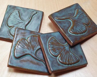 Gingko/Ginkgo tiles set of 4 craftsman dark green verdigris patina tile for fireplace, kitchen & bath