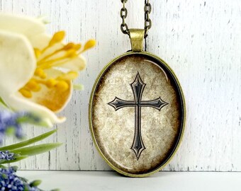 Antique Cross-Large Oval- Glass Bubble Pendant Necklace