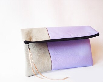 Clutch purse, Fold over, Lavender Lilac and grey, Pastel, Vegan eco leather