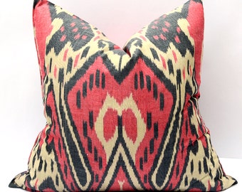 20x20 red cream ikat pillow cover, red pillow, red cushion, natural ikat pillow, eco textile, red cream