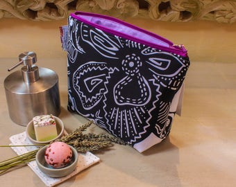 Black and white zipper pouch. Cosmetic bag. Large makeup bag. Toiletry bag. Travel cosmetic case. Large zipper.