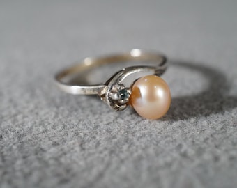 Vintage Sterling Silver Round Cultured Pearl Diamond Fancy Design Bold Band Ring, Size 8