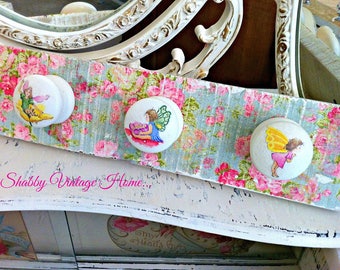 Decoupage Little Fairies Coat Rail Shabby Vintage Painted Rustic Robe Clothes Hooks Rack