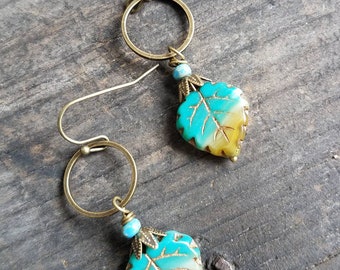 Leaf Earrings Hoop Earrings Rustic Earrings Boho Earrings Tribal Earrings Cowgirl Earrings Turquoise Earrings Green Earrings Nature Earrings