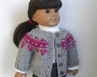 18" Doll Clothes Knit Sweater Buttons in Front or Back in Gray, Pink & Purple Fair Isle Design Handmade to Fit American Girl and other Dolls