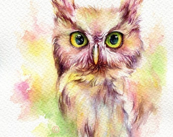 PRINT –Fantasy Owl Watercolor painting 7.5 x 11”
