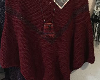 Hand Knit Poncho in Maroon