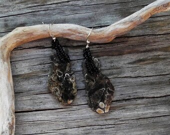 Beaded Statement Earrings - Bead Weaving Jewelry - Dangles - Ammonite Fossil Nugget Dangles - BOHO