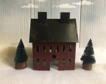 Rustic Tin House and Bottle Brush Trees Set