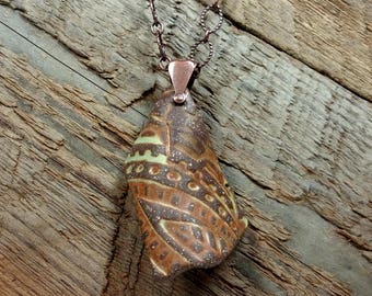 PENDANT Necklace, One of a Kind Tumbled Ceramic Stoneware Pottery Shard with Copper Components and Chain, Extension and Lobster Claw Closure