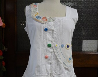 Wednesday Shirt,Sleeveless White Shirt,Bohemian Shirt,Shabby Chic Top,Upcycled Shirt,Romantic Top,by Nine Muses Of Crete.