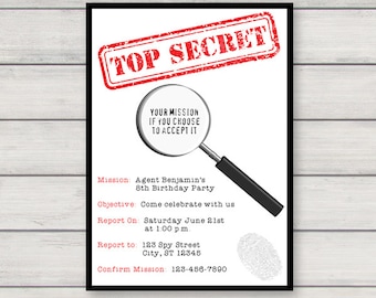 Secret Agent Spy Invitation, Printable Birthday Party Invitation, Instant Download