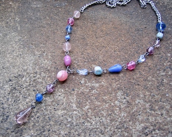Eco-Friendly Asymmetric Statement Y Shaped Necklace - Confection - Recycled Vintage Chain, Glass Beads in Pinks, Blues & Purples