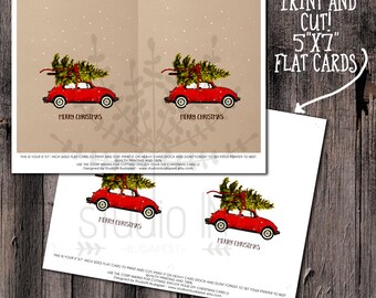 CHRISTMAS CARD PRINTABLE - Red car christmas card, Christmas Cards, holiday card, Red Christmas Car, xmas card, pine tree card