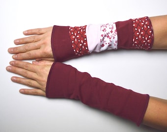 Mittens spring Arm Warmers Wrist Warmers double sided cotton flowered wine red