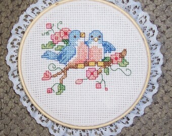Counted Cross Stitch, Two Blue Birds Sitting on a Branch
