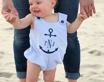 fishtail monogram navy anchor blue seersucker monogram bubble romper / nautical monogram jon jon shortall sunsuit/ beach photos