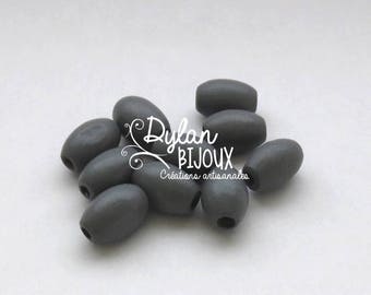 10 oval wooden beads / olive gray 10 x 16 mm