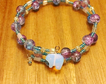 Purple, Blue, Silver, and White Double Wrap Memory Wire Bracelet with Polar Bear Charm