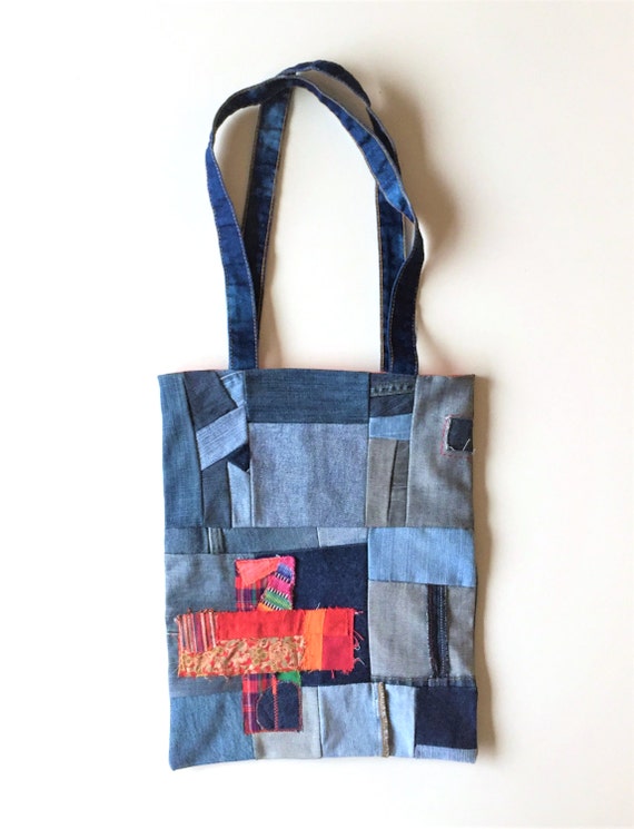 patchwork denim bag sturdy reversible tote bag jeans book