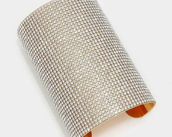 Gold Wide Rhinestone Crystal Cuff Bracelet