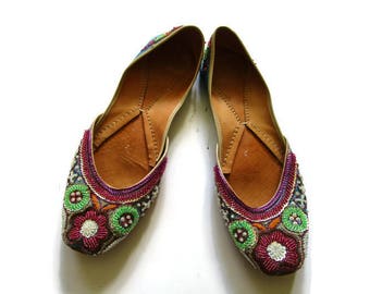 Vintage Blue beaded and jewel leather Slippers from India Sz 10 Vintage Blue beaded and jewel leather Slippers from India Sz 10