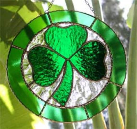 Stained Glass Suncatcher Green Irish Shamrock Design